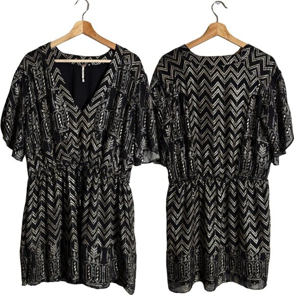 Free People Love Your Chaos Mini Dress Womens Medium Black Gold Drop Waist Tunic - Picture 3 of 15